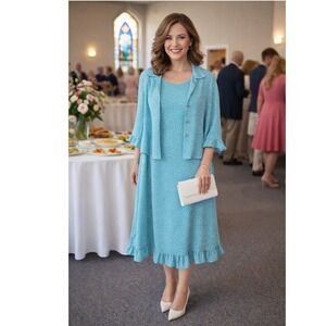 Appleseed's Petites Polka Dot Dress & Jacket Set Blue White Plus Size 14P